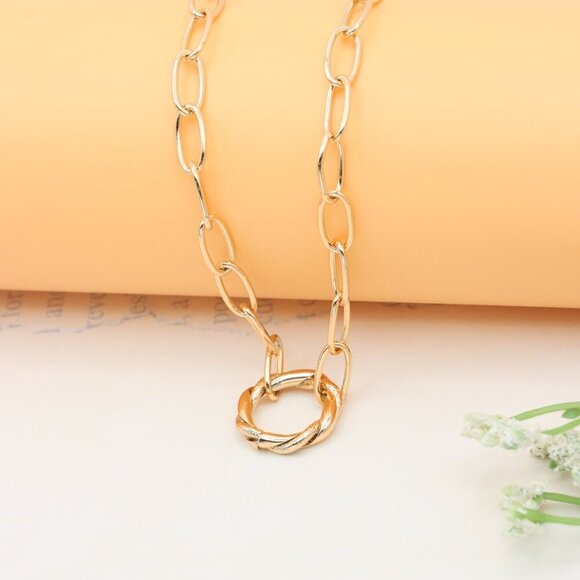 Chunky Oval Link Rose Gold Necklace with Round Center Pendant, XPNL0348 - Picture 2 of 13